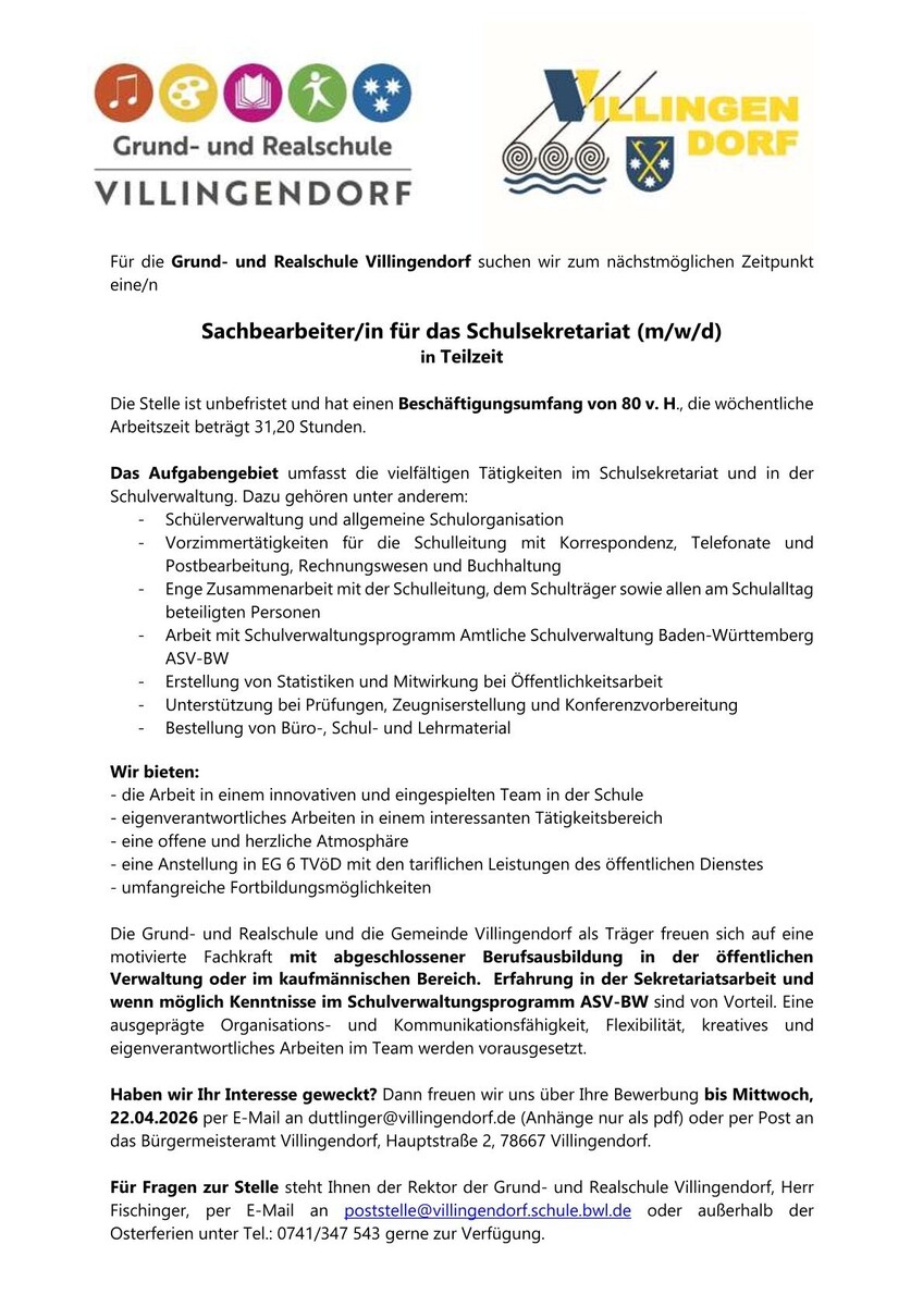 Stellenausschreibung Schulsekretariat mwd Grund und Realschule